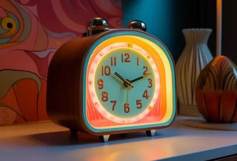A retro alarm clock with a glowing neon face on a shelf