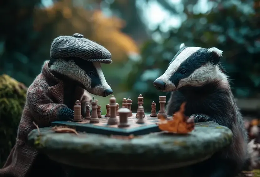 Two badgers in tweed play chess on a mossy stone table in a garden