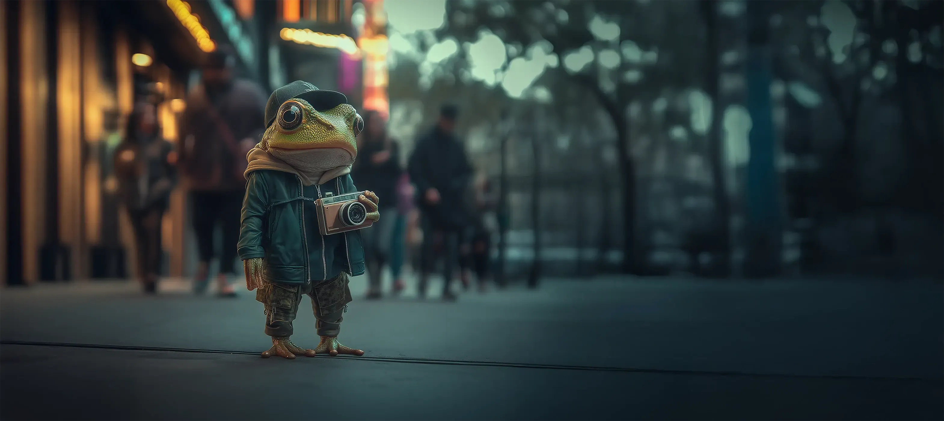 A frog in a hoodie and cap stands on a city sidewalk holding a film camera