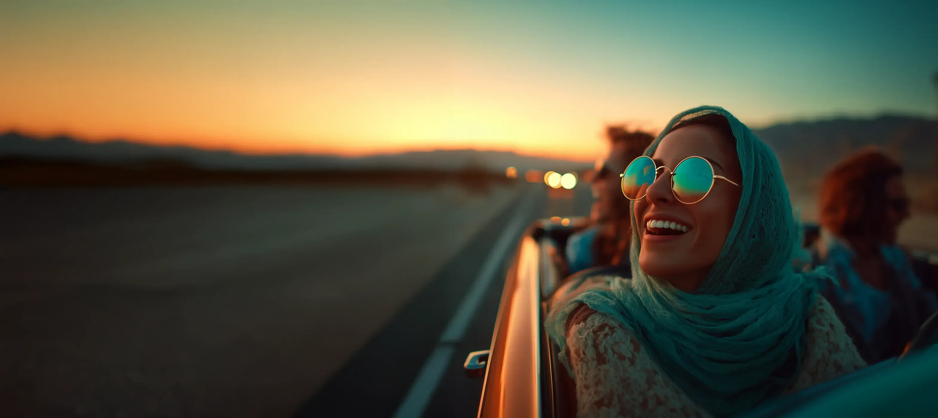 A woman in a turquoise headscarf and round sunglasses laughs from a convertible at sunset