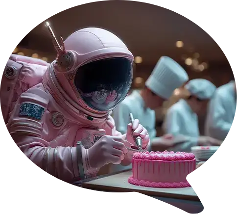 An astronaut in a pink spacesuit pipes icing onto a pink cake in a pastry kitchen