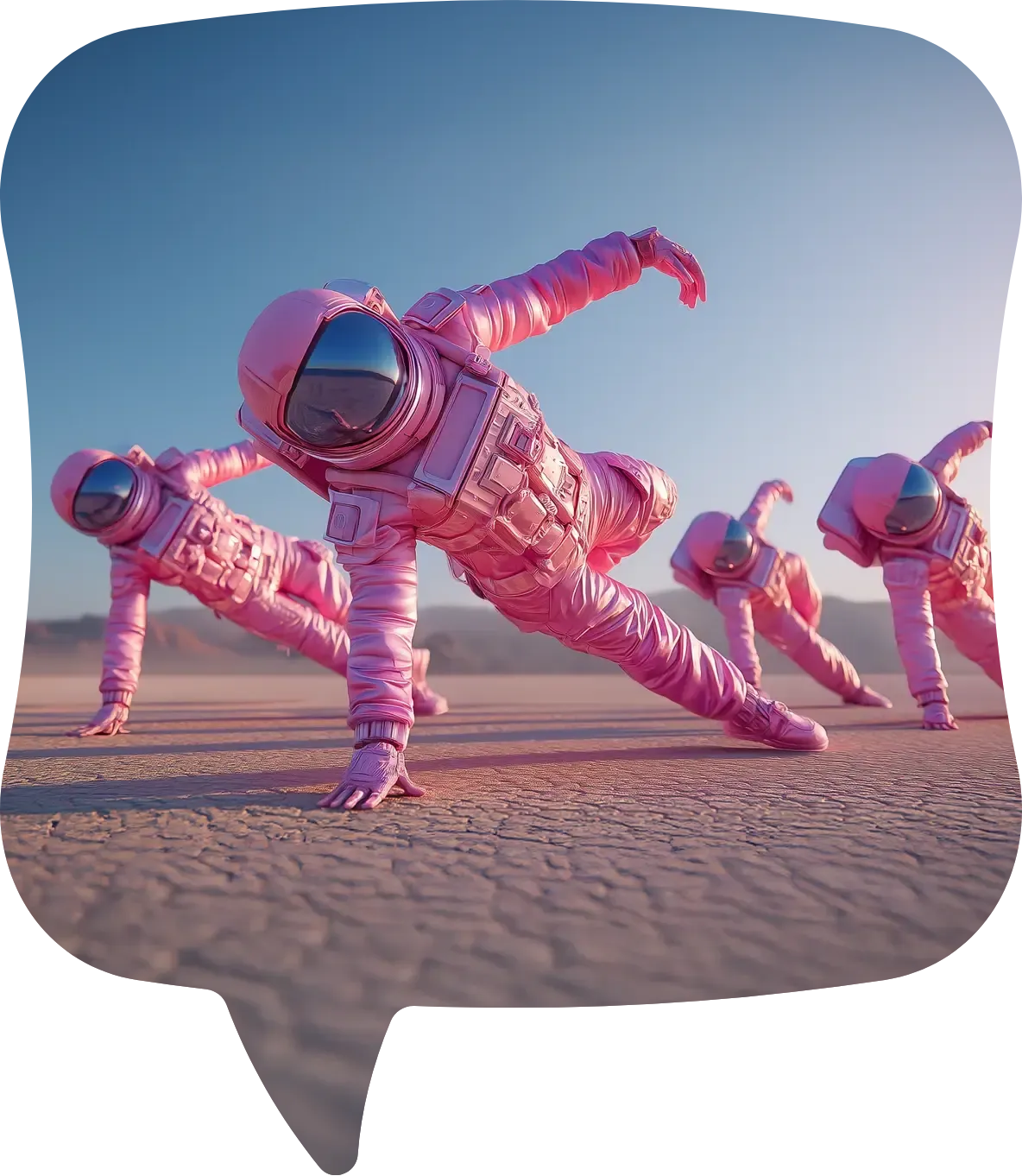 A troupe of astronauts in pink spacesuits stretch in sync on a cracked desert floor